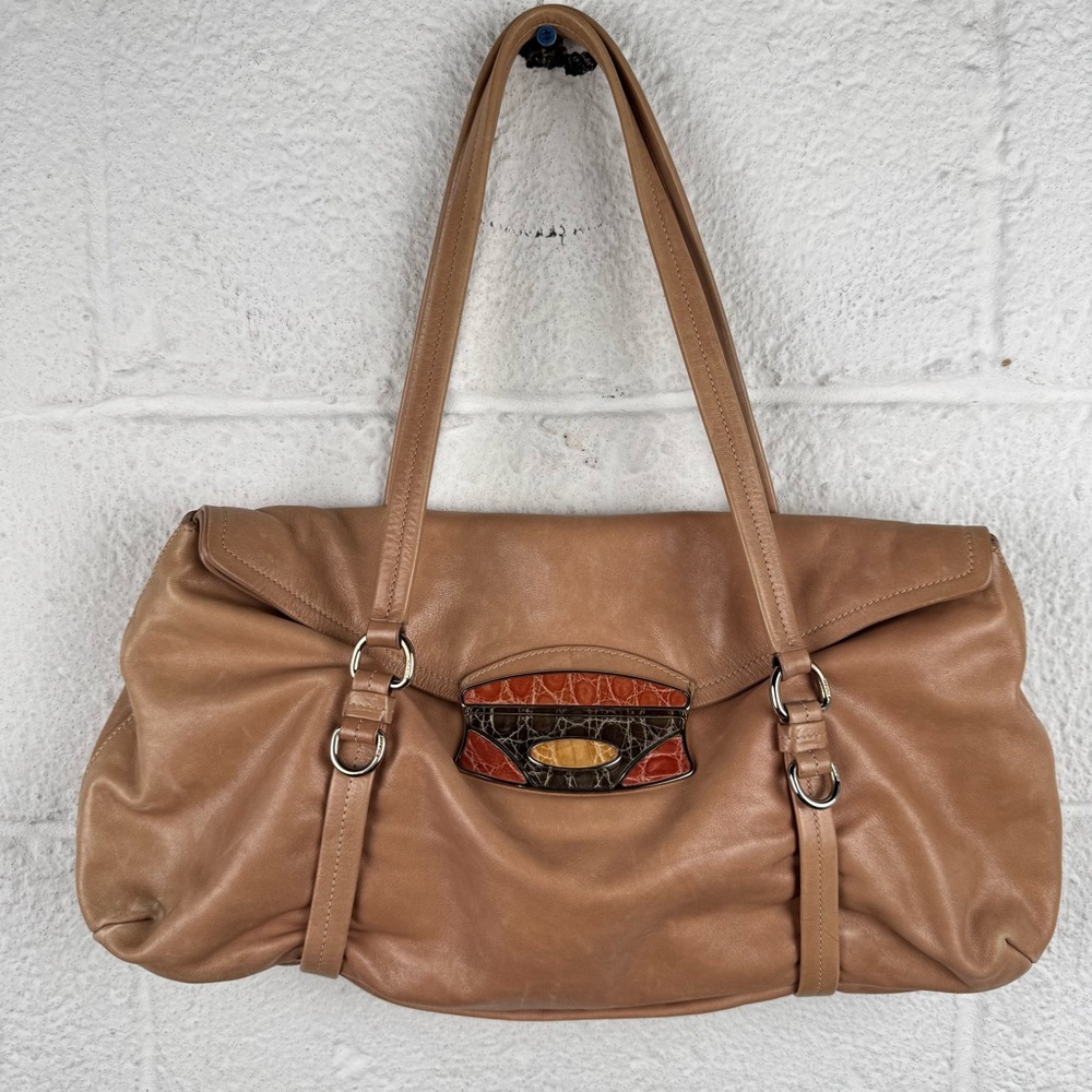 Prada Vitello Leather Croc-Trim Easy Shoulder Bag – Camel Brown | Made in Italy
